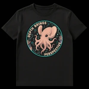 Dumbo Octopus t-shirt with 'Depth Brings Perspective' text, deep sea creature, marine life art on Black t-shirt