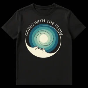 Going With The Flow T-Shirt with Manta Ray and Ocean Swirls in Teal and Cream on Black Background on Black t-shirt