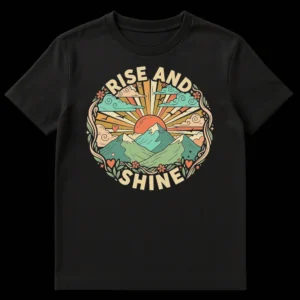Retro style t-shirt design with a mountain sunrise and "Rise and Shine" text, framed by natural vines and flowers. on Black t-shirt