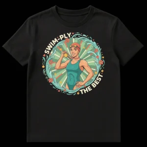 Retro cartoon t-shirt with a female swimmer, gold medal, and 'SWIM-PLY THE BEST' pun text, vibrant pop art style on Black t-shirt