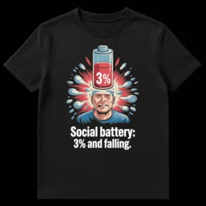 T-shirt with a distressed figure and a 3% social battery graphic, text reads 'Social battery: 3% and falling.' on Black t-shirt