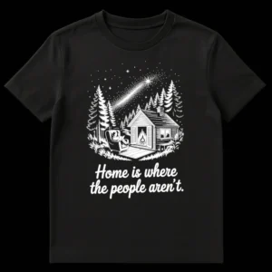 White graphic t-shirt with a vintage-style illustration of a cabin in a forest under a starry night with a person reading, text says 'Home is where the people aren't' on Black t-shirt