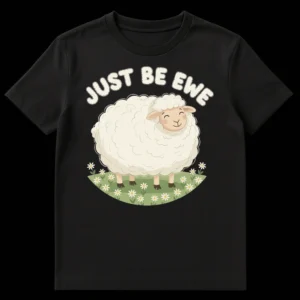 Cute 'JUST BE EWE' t-shirt design featuring a smiling cartoon sheep on grass with daisies and fluffy wool-textured text. on Black t-shirt