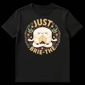 JUST BRIE-THE t-shirt with meditating anthropomorphic Brie cheese, surrounded by swirls and flowers, in a soft, warm color palette on a black background on Black t-shirt