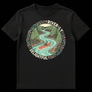 RIVER-LY DELIGHTFUL t-shirt with a hand-drawn kayaker on a river, surrounded by trees and a decorative border in a modern folk art style. on Black t-shirt