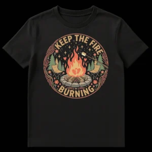 Camping t-shirt with 'KEEP THE FIRE BURNING' text, showing a campfire scene with two chairs, trees, stars, and hearts in the flames. on Black t-shirt