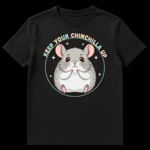 Cute kawaii chinchilla cartoon t-shirt with text 'KEEP YOUR CHINCHILLA UP' in a pastel rainbow circle on a black background on Black t-shirt