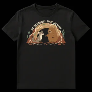 Friendly wombat and raccoon design with 'DIG THE KINDNESS, SHARE THE SPACE' text on a black t-shirt on Black t-shirt