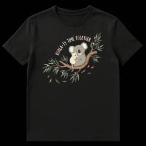 Cute 'KOALA-TY TIME TOGETHER' t-shirt with an adult koala hugging a baby joey on a eucalyptus branch. The design uses soft coral/peach and off-white text on a black background, with whimsical cartoon koalas. on Black t-shirt