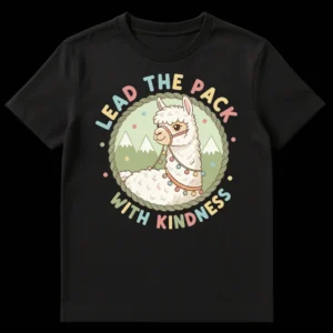 Cute Llama 'Lead The Pack With Kindness' t-shirt in pastel colors, featuring a smiling llama with mountain background. on Black t-shirt