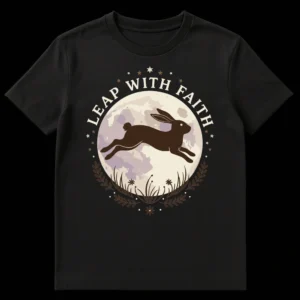 Leap with Faith Rabbit Moon Inspirational T-Shirt - Dark chocolate brown rabbit silhouette leaping over a muted beige and lavender moon, with stars and 'LEAP WITH FAITH' text on a black background. on Black t-shirt