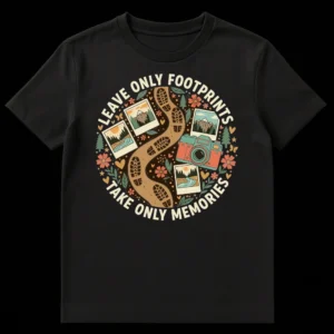 T-shirt with 'Leave Only Footprints Take Only Memories' text, vintage camera, polaroid photos of mountains and rivers, and detailed boot footprints on an earthy background. on Black t-shirt