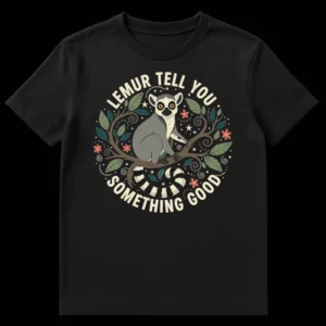 Ring-tailed lemur t-shirt with 'LEMUR TELL YOU SOMETHING GOOD' text and foliage on Black t-shirt