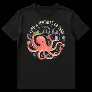 Lend A Tentacle Or Eight t-shirt with a friendly octopus surrounded by sea creatures and a pun message on Black t-shirt