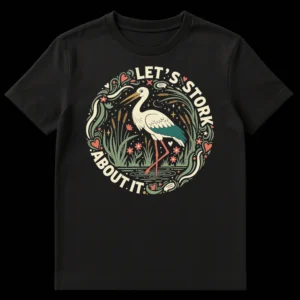 LET'S STORK ABOUT IT t-shirt design featuring a whimsical stork in a marsh, with earthy colors and a folk art style. on Black t-shirt