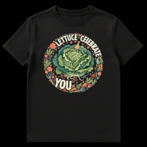 Whimsical black t-shirt with a festive lettuce wearing a party hat, surrounded by garden vegetables and tools, with the text 'LETTUCE CELEBRATE YOU' on Black t-shirt