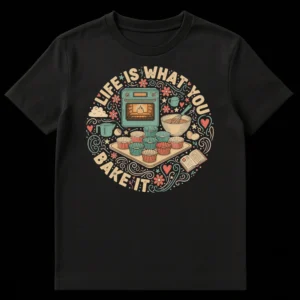 T-shirt with 'LIFE IS WHAT YOU BAKE IT' text and whimsical baking elements like oven, whisk, and cupcakes in a circular design on a black background on Black t-shirt