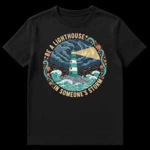BE A LIGHTHOUSE IN SOMEONE'S STORM t-shirt with lighthouse, stormy ocean, and golden light beam graphic on Black t-shirt