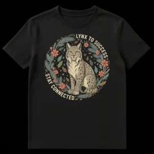 Vintage style t-shirt with a lynx, pine branches, and chain links, featuring the text 'LYNX TO SUCCESS STAY CONNECTED' on Black t-shirt