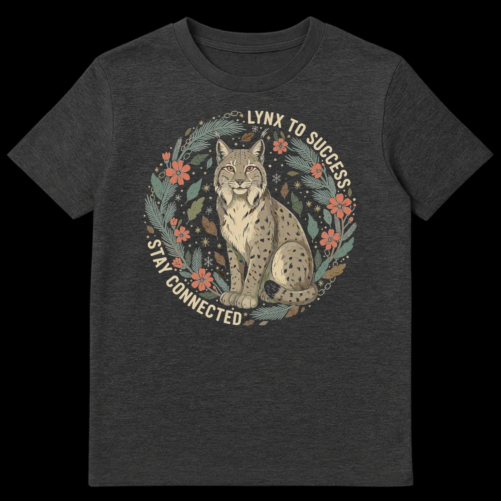 Vintage style t-shirt with a lynx, pine branches, and chain links, featuring the text 'LYNX TO SUCCESS STAY CONNECTED' on Dark Heather t-shirt