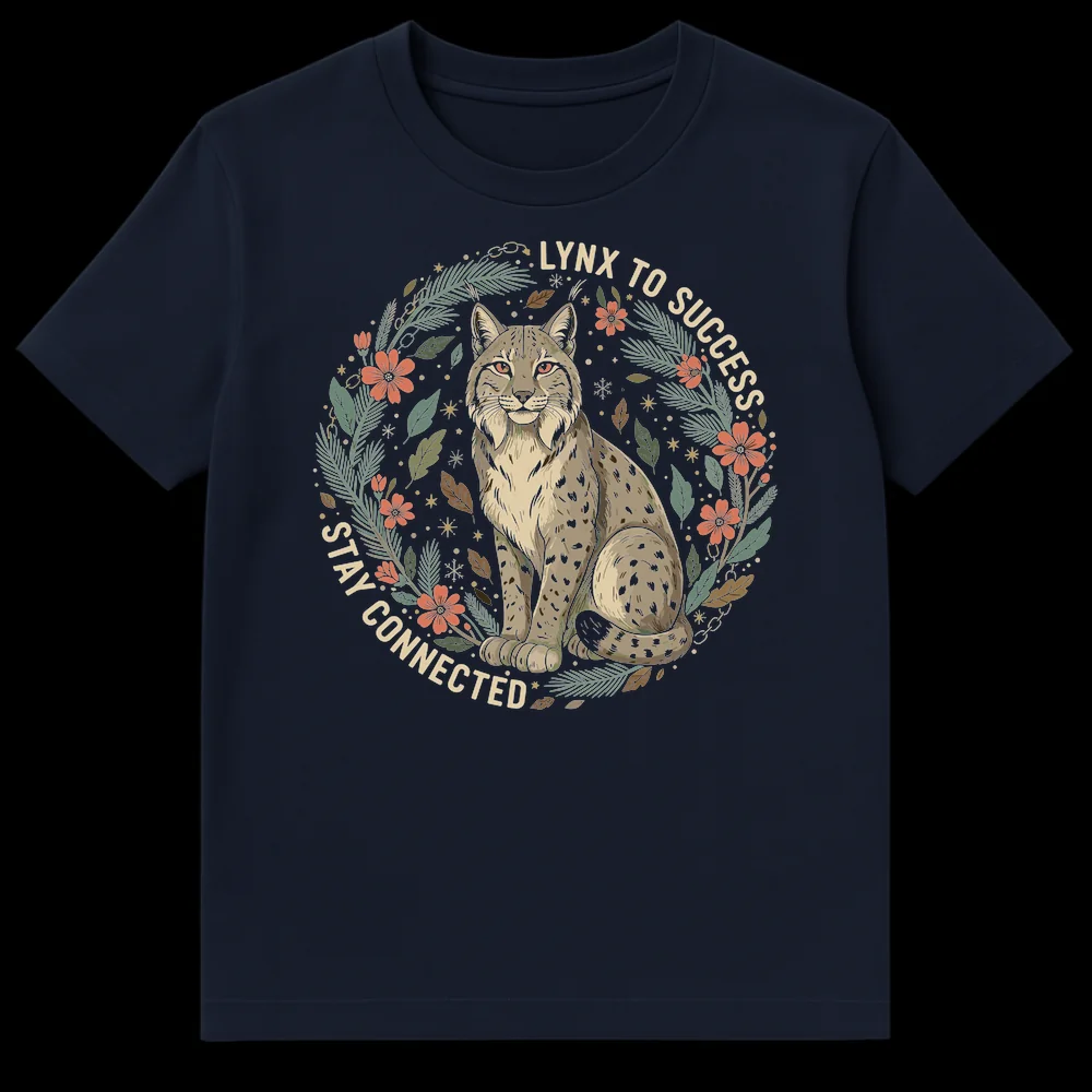 Vintage style t-shirt with a lynx, pine branches, and chain links, featuring the text 'LYNX TO SUCCESS STAY CONNECTED' on Navy Blue t-shirt