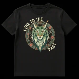 Mystical Lynx To The Past T-Shirt with Celtic knotwork and Elder Futhark runes on a black background on Black t-shirt