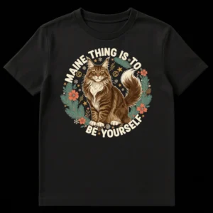 Maine Coon cat t-shirt with 'MAINE THING IS TO BE YOURSELF' text, surrounded by a wreath of pine, flowers, and snowflakes on a black background. on Black t-shirt