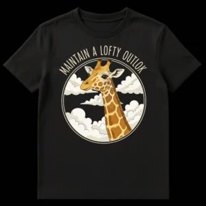 Stylized cartoon giraffe t-shirt with text 'MAINTAIN A LOFTY OUTLOOK' among clouds in a circular frame on a black background. on Black t-shirt