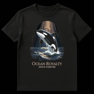 Orca Royalty T-Shirt featuring a majestic killer whale with a golden crown, breaching from the ocean, under a dramatic spotlight, with the text 'OCEAN ROYALTY SINCE FOREVER'. on Black t-shirt