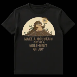 Cartoon mole wearing glasses holding a glowing flower, emerging from a dirt mound with text 'Make a Mountain Out of a Mole-ment of Joy' on Black t-shirt