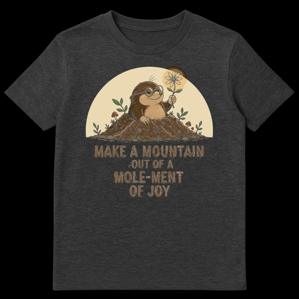Cartoon mole wearing glasses holding a glowing flower, emerging from a dirt mound with text 'Make a Mountain Out of a Mole-ment of Joy' on Dark Heather t-shirt
