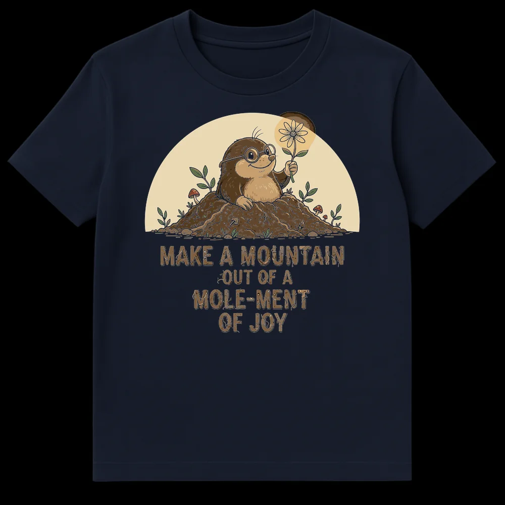 Cartoon mole wearing glasses holding a glowing flower, emerging from a dirt mound with text 'Make a Mountain Out of a Mole-ment of Joy' on Navy Blue t-shirt