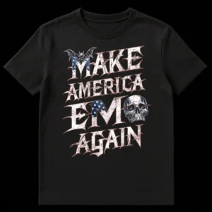 Make America Emo Again T-Shirt with gothic distressed text, bat, and skull graphics on a dark background on Black t-shirt