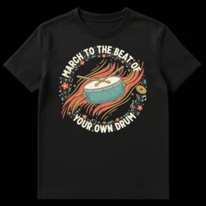 T-shirt with 'MARCH TO THE BEAT OF YOUR OWN DRUM' text and a drum illustration with floral and musical elements in earthy tones. on Black t-shirt
