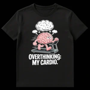 OVERTHINKING: MY CARDIO. t-shirt featuring a running anthropomorphic pink brain on a treadmill with thought bubbles and speed lines on a black background. on Black t-shirt