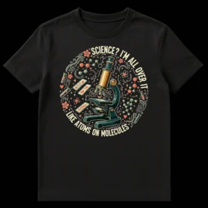 Vintage Science T-Shirt 'I'M ALL OVER IT LIKE ATOMS ON MOLECULES' with Microscope and Molecules on Black t-shirt