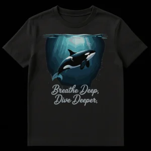 Killer whale t-shirt with 'Breathe Deep, Dive Deeper' text, deep ocean scene, and sun rays. on Black t-shirt
