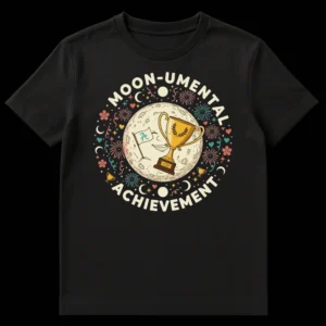 Whimsical Moon-umental Achievement t-shirt featuring a happy moon holding a trophy surrounded by stars and text. on Black t-shirt