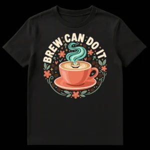 BREW CAN DO IT coffee t-shirt with smiling anthropomorphic coffee cup, latte art, and floral accents on Black t-shirt