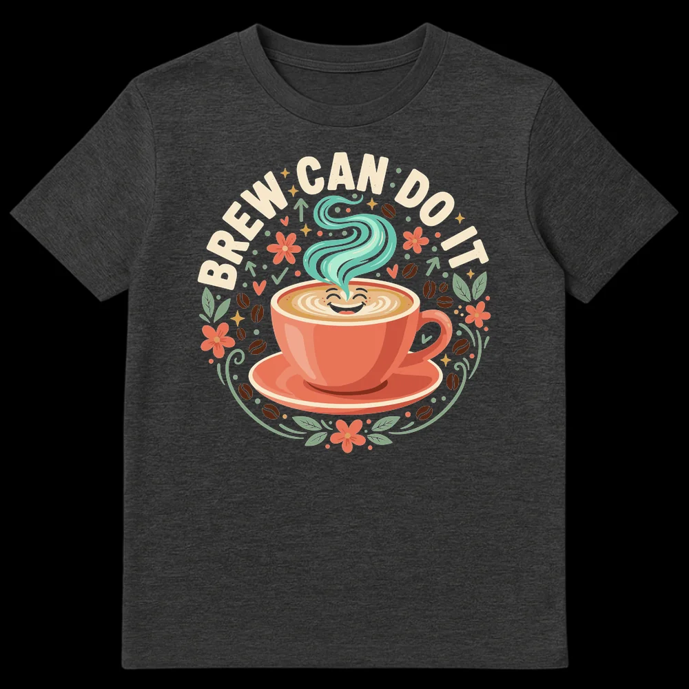 BREW CAN DO IT coffee t-shirt with smiling anthropomorphic coffee cup, latte art, and floral accents on Dark Heather t-shirt