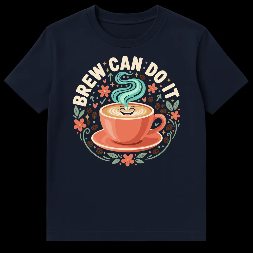 BREW CAN DO IT coffee t-shirt with smiling anthropomorphic coffee cup, latte art, and floral accents on Navy Blue t-shirt