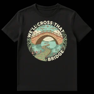 Whimsical T-Shirt with 'WE'LL CROSS THAT BRIDGE' text, showing a serene stone bridge over water with a winding path, clouds, birds, and decorative vines in soft, earthy colors. on Black t-shirt