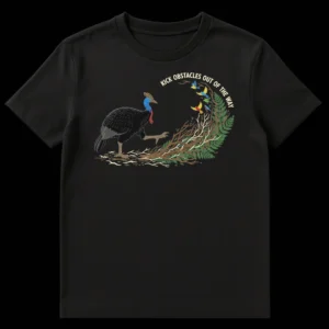 Vibrant cassowary t-shirt design with text 'KICK OBSTACLES OUT OF THE WAY', featuring a bird kicking branches and colorful small birds on a black background. on Black t-shirt