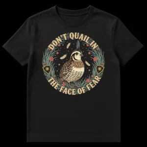 Vintage style graphic t-shirt with a detailed California Quail and text 'DON'T QUAIL IN THE FACE OF FEAR' on Black t-shirt