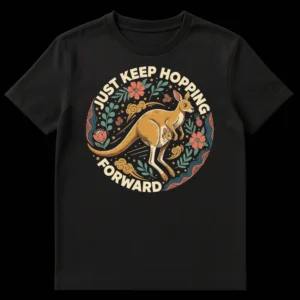 Kangaroo and joey t-shirt with 'Just Keep Hopping Forward' text, botanical art style on Black t-shirt
