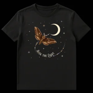 Dark t-shirt with a large, realistic moth under a crescent moon and stars, with 'Seek THE Light' text in an arc below. on Black t-shirt