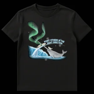 Arctic animals t-shirt with narwhal tusk pointing, polar bear, arctic fox, aurora borealis, and text 'POINT OTHERS IN THE RIGHT DIRECTION' on Black t-shirt