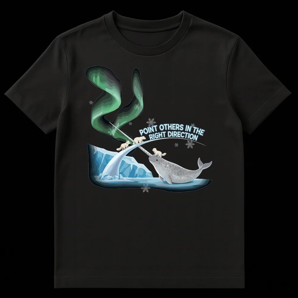 Arctic animals t-shirt with narwhal tusk pointing, polar bear, arctic fox, aurora borealis, and text 'POINT OTHERS IN THE RIGHT DIRECTION' on Black t-shirt