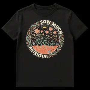 Gardener Sow Much Potential Pun T-Shirt with hand-drawn garden illustration and earthy colors on Black t-shirt