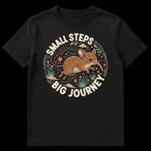 Elephant Shrew 'Small Steps Big Journey' T-Shirt Design on Black t-shirt
